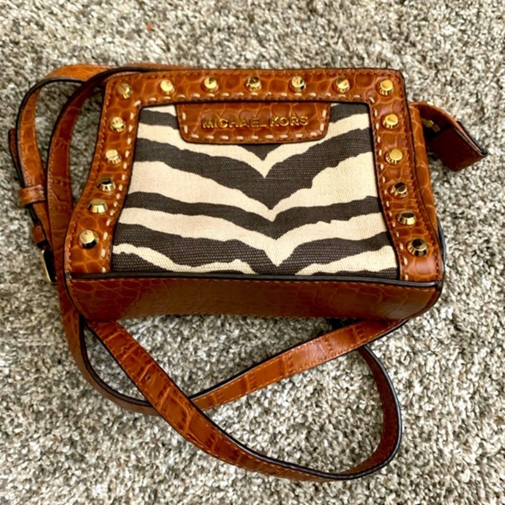 Michael Kors Mini Selma Canvas Croc Leather Messenger Gold Studs Crossbody